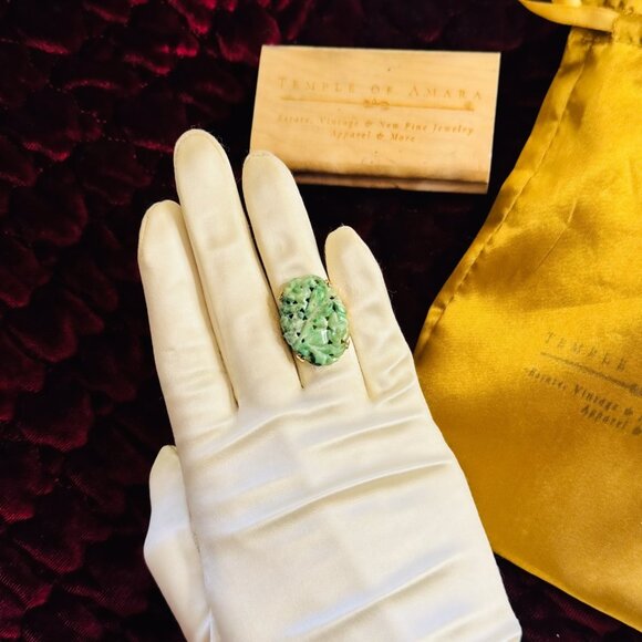 ANTIQUE- 14K Gold- Natural Nephrite Jade Ring -Size 5- Hand Carved - Art Nouveau - Picture 7 of 16